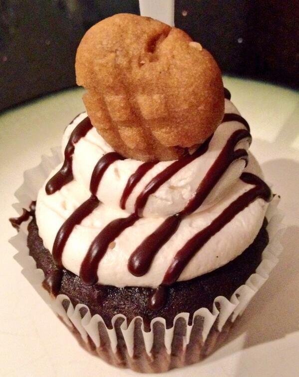 A chocolate cupcake with peanut butter cookie from Lil Miss Shortcakes
